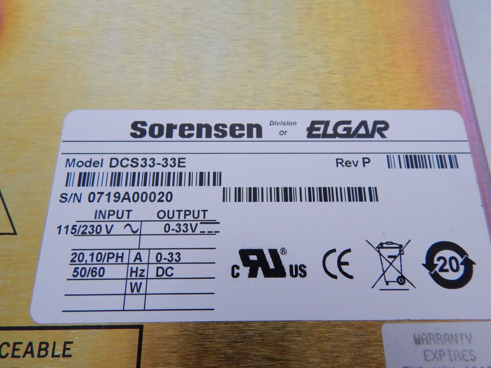 Sorensen DCS33-33E DC Power Supply Sorensen DCS33-33E DC Power Supply